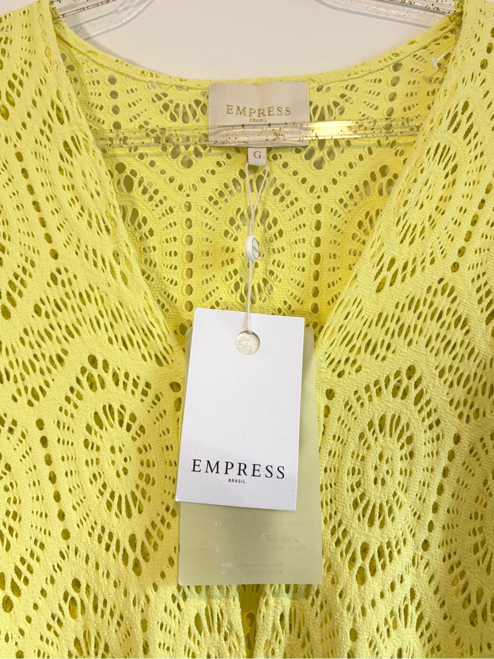 Empress Brasil NWT Short Sixty Yellow Lace Bell Sleeve Ring Cover Up Dress Large - Picture 7 of 12